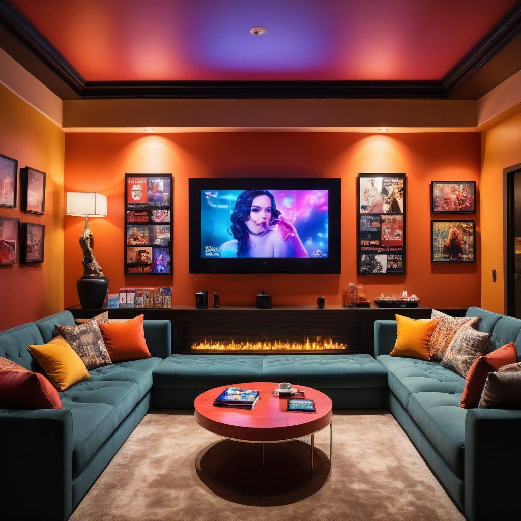 A modern digital lounge setting with a sleek entertainment screen displaying various enticing XXX movie thumbnails. The room is illuminated with soft ambient lighting and plush seating, featuring colorful posters of classic adult films on the walls. A stylish coffee table holds a selection of snacks and drinks, inviting viewers into a comfortable viewing experience. The overall atmosphere conveys excitement and allure, capturing the essence of adult film streaming. super-realistic. vibrant colors. cozy ambiance.